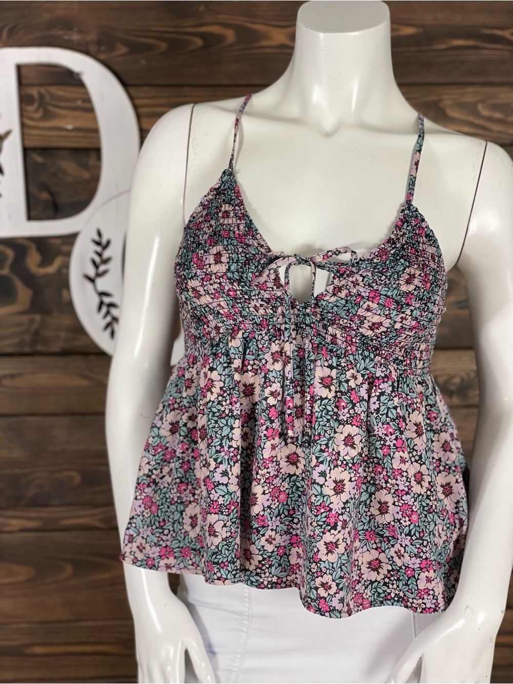 American Eagle Pink Floral Smocked Tie-Front Cami Split Keyhole Peplum Babydoll